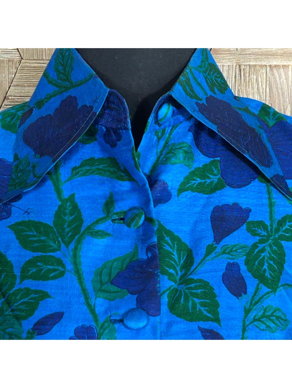 Vintage 70s Retro Silk Long Sleeve Belted Shirt Dress Blue Floral Midi S/M Mod - Picture 4 of 10
